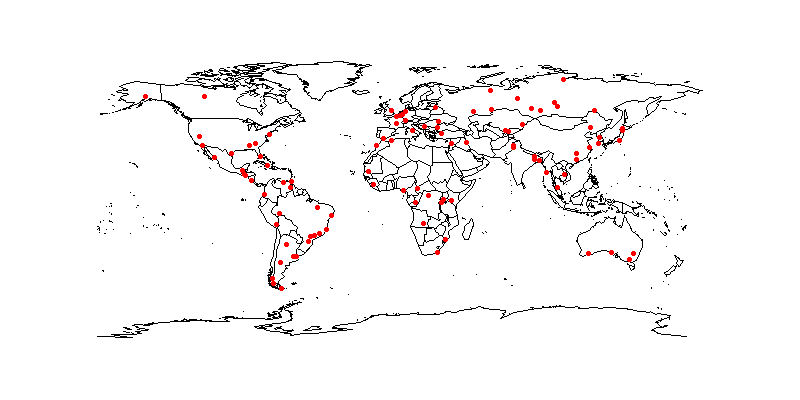 100 cities plotted on a world map